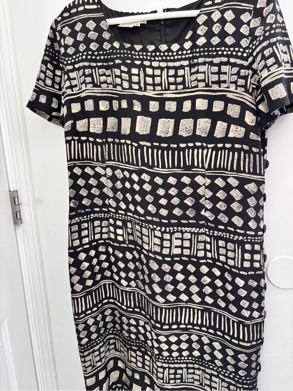 Maggie London Black Beige Geometric Midi Dress Button Down Side Sz 16 Zipper